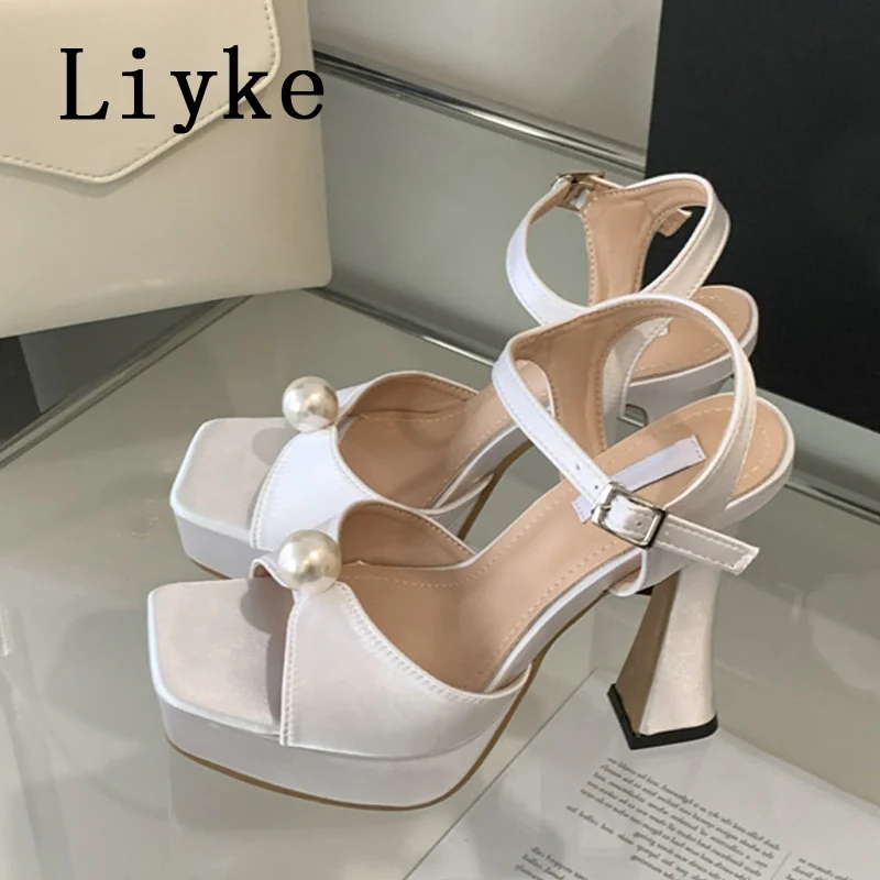 Liyke Sexy Thick Bottom Square Toe Buckle Strap Platform Sandals White Pearl Design High Heels Elegant Women Dinner Party Shoes