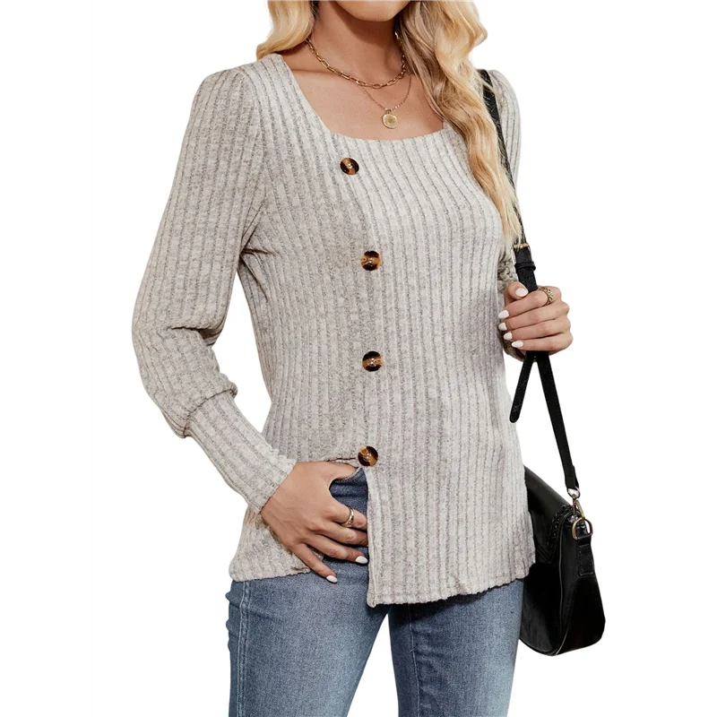 

FX-женские осенние топы, мягкий свитер-туника с квадратным вырезом и длинными рукавами-фонариками, пуговицами и боковым разрезом