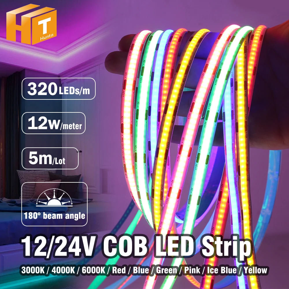 

DC12V 24V COB Светодиодная лента 3000K 4000K 6000K 320LEDs Высокая плотность Гибкая супер яркость COB Светодиодный светильник 5 м/лот