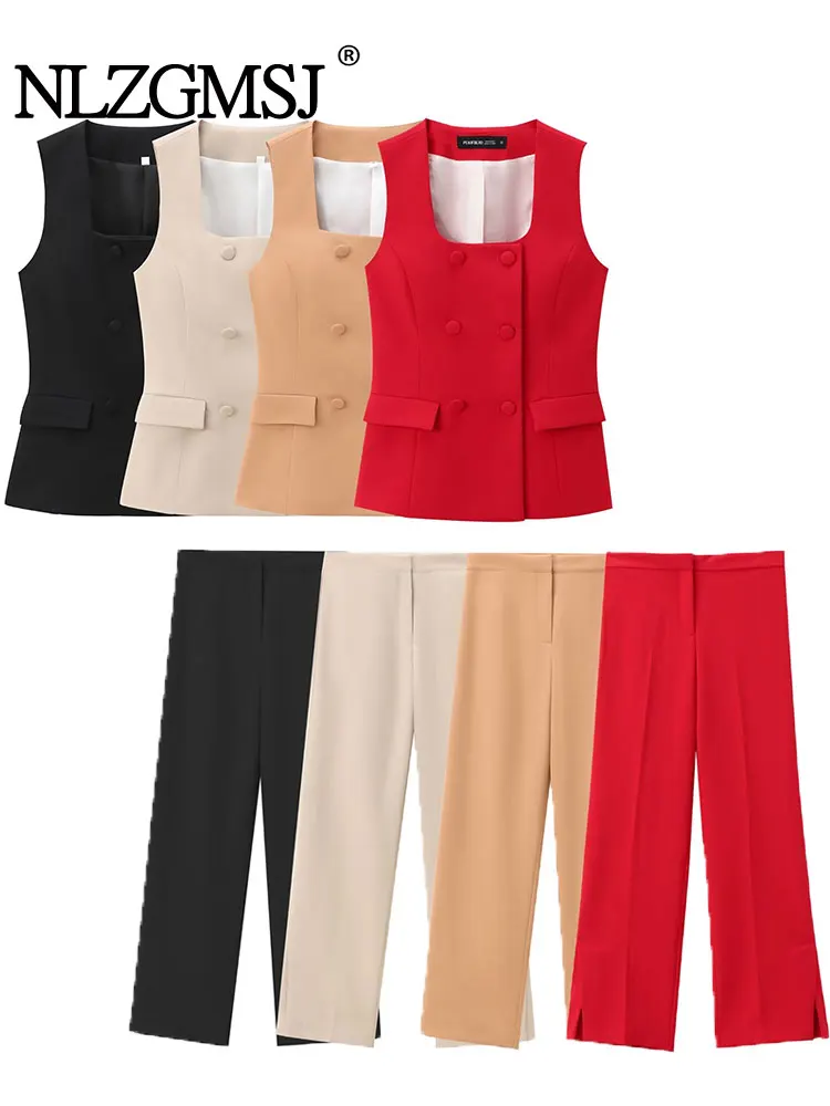 TRAF 2024 Summer Suit WomanTrendy Square Neck Sleeveless Double Breasted Waistcoat Top+Mid-Waist  Pant Female 2-piece Set