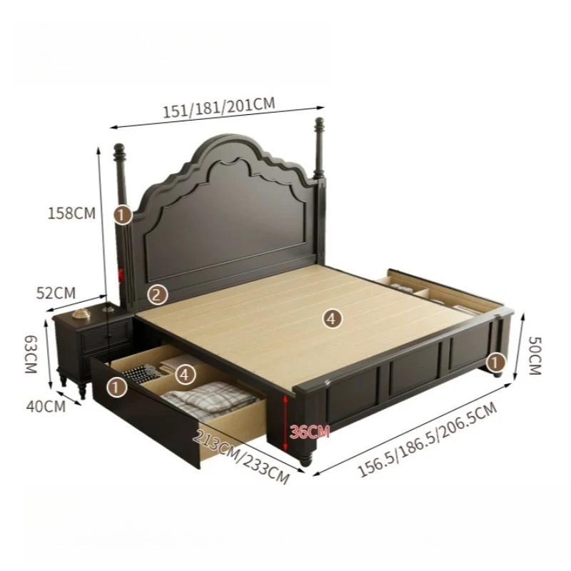 Full Size Wooden Bed Vintage Black Minimalist French Sleeping Bed Bedroom Home Furniture view 4