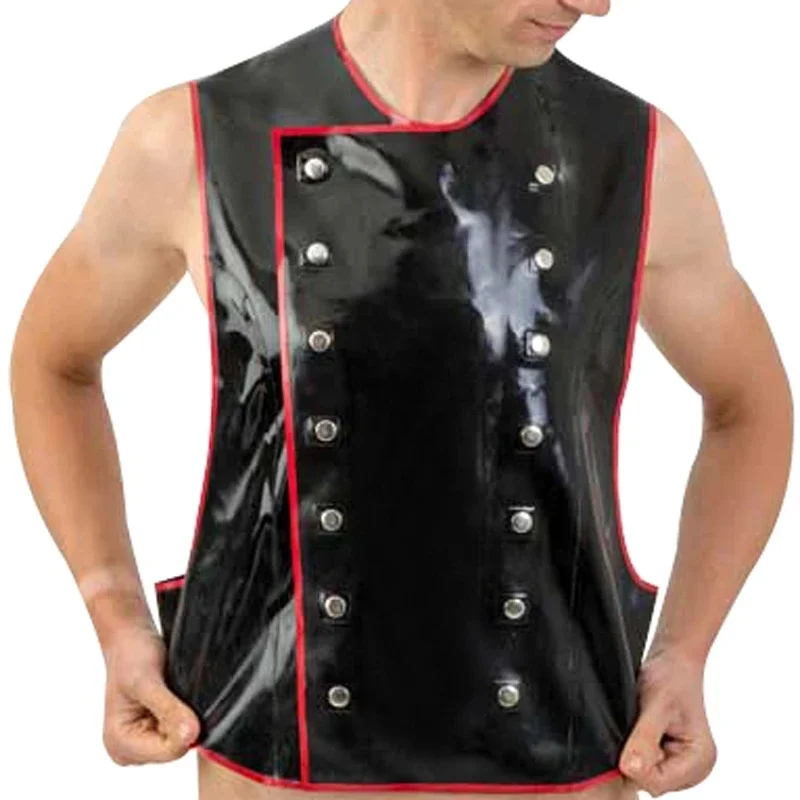 

Handmade Sexy Latex Vest Shirt with Buttons and Belts Rubber Coat for Men Wear Black with Red