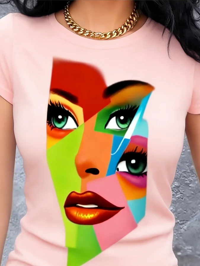 Abstract Face T Shirt Women Colorful Geometric Graphic Tees Pop Art Cubism Artwork Print Summer Casual Slim Fit Tops