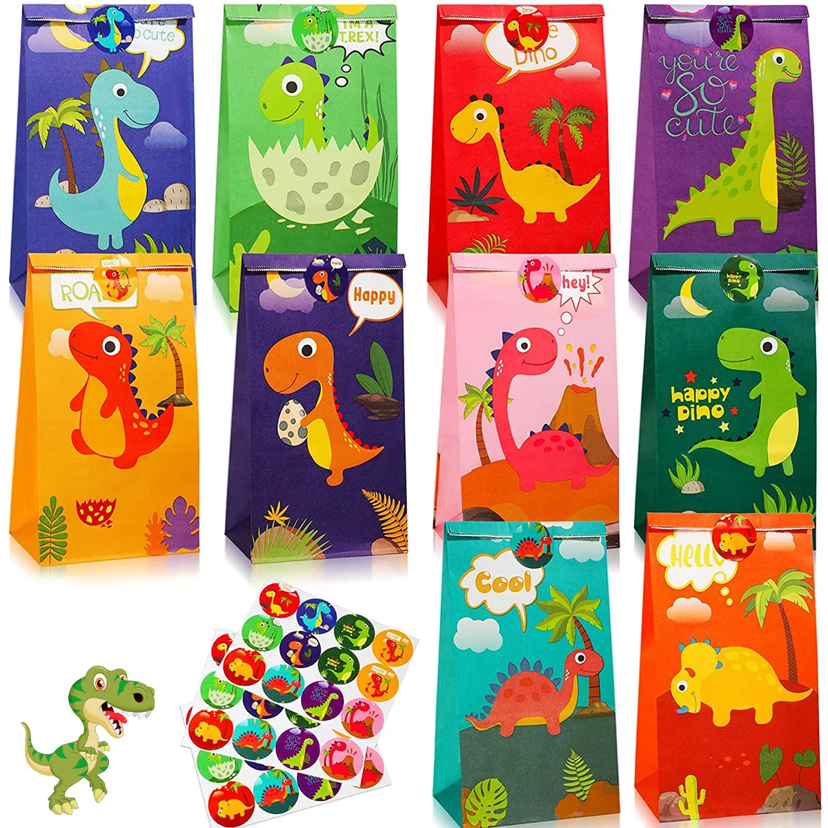 

30Pcs Cartoon Dinosaur Favor Gift Paper Bags Birthday Candy Packing Bag with Stickers Gift Bags for Kids Party Christmas Supplie