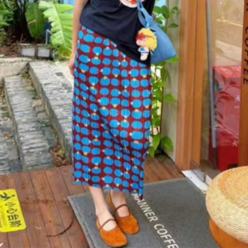 Miyake Pleated Printed Skirt Summer New Casual Vacation Korean Simple Fashion Elastic Waist Slit Women's Draped A-line Skirt