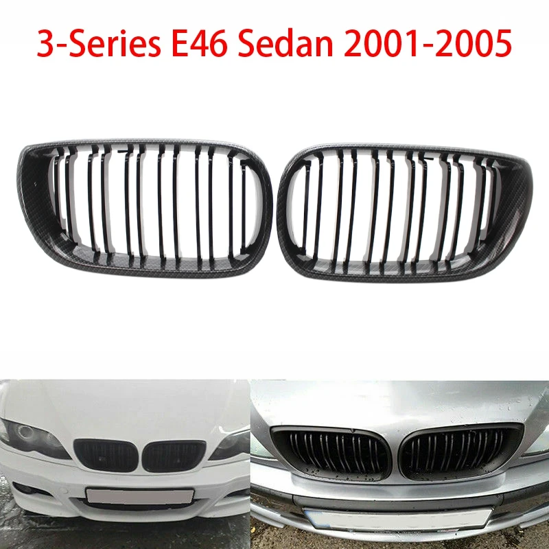 New-1 Pair Carbon Fiber Black Double Line Kidney Grille For-BMW E46 325I 325Xi 330Xi 2001-2005 51137030545 51137030546