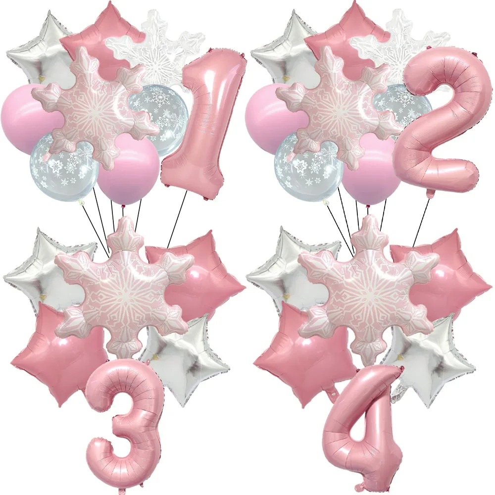 Schneeflocken-Folienballons mit 32-Zoll Rosa Zahlen-Latexballon-Set Winter-Prinzessin 1.-9. Geburtstag Party Frozen Themen-Dekorationen