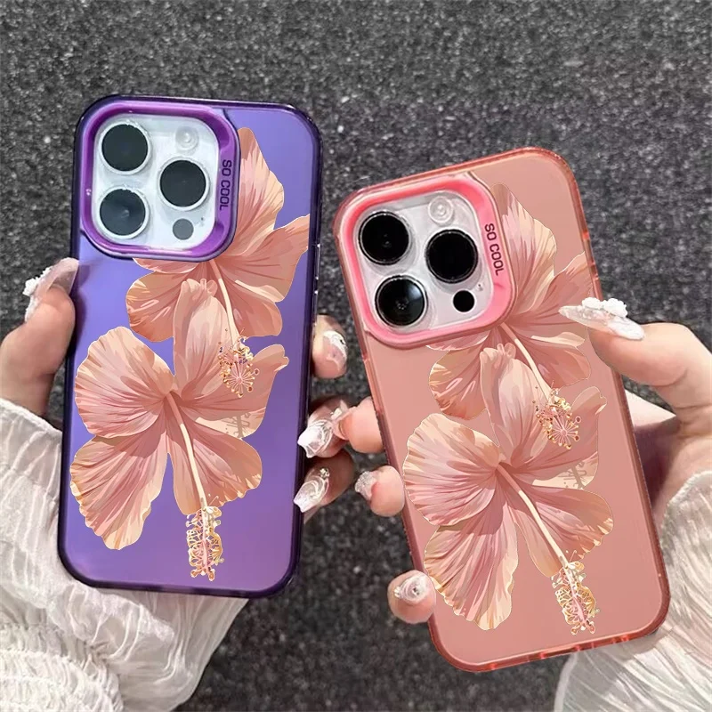 

Pink Hibiscus Flower Phone Case For Realme C75 C65 C63 C55 C53 15 14 13 12 11 Pro Plus Hard IMD Silver Laser Fashion Cover