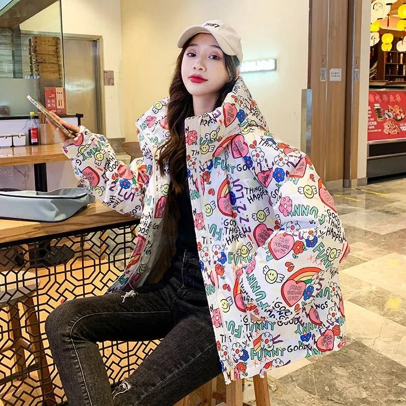 Novo outono inverno moda feminina graffiti impressão para baixo casaco de algodão lazer solto com capuz parka à prova de vento manter quente jaqueta feminina