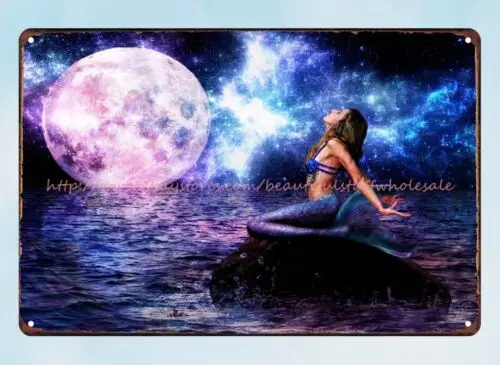 outdoor modern art fantasy mermaid ocean planet galaxy metal tin sign