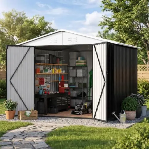 6x8 FT Outdoor Storage Shed | Metal Garden Shed with Updated Frame Structure, Tool Sheds for Backyard Garden Patio