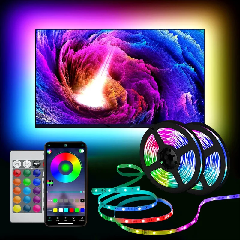 LED 스트립 Bluetooh APP IR 원격 제어 USB RGB 5050 조명은 침실 TV 벽 및 거실 파티 장식을 위해 따뜻하게 변경되었습니다.