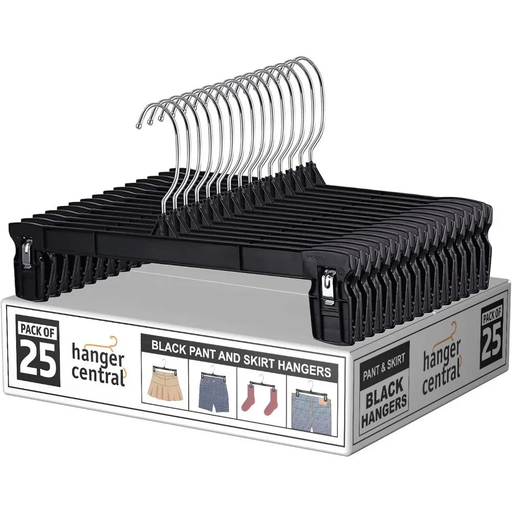 Paquete de 25 Perchas de Plástico para Pantalones de 12 Pulgadas con Pinzas Extra Largas para Faldas y Pantalones, Antideslizantes, Negras
