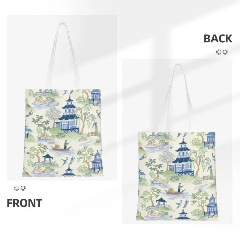 Custom Vintage Chinoiserie Willow Pagoda Canvas Shopping Bags Women Portable Grocery Oriental Style Landscape Tote Shopper Bags