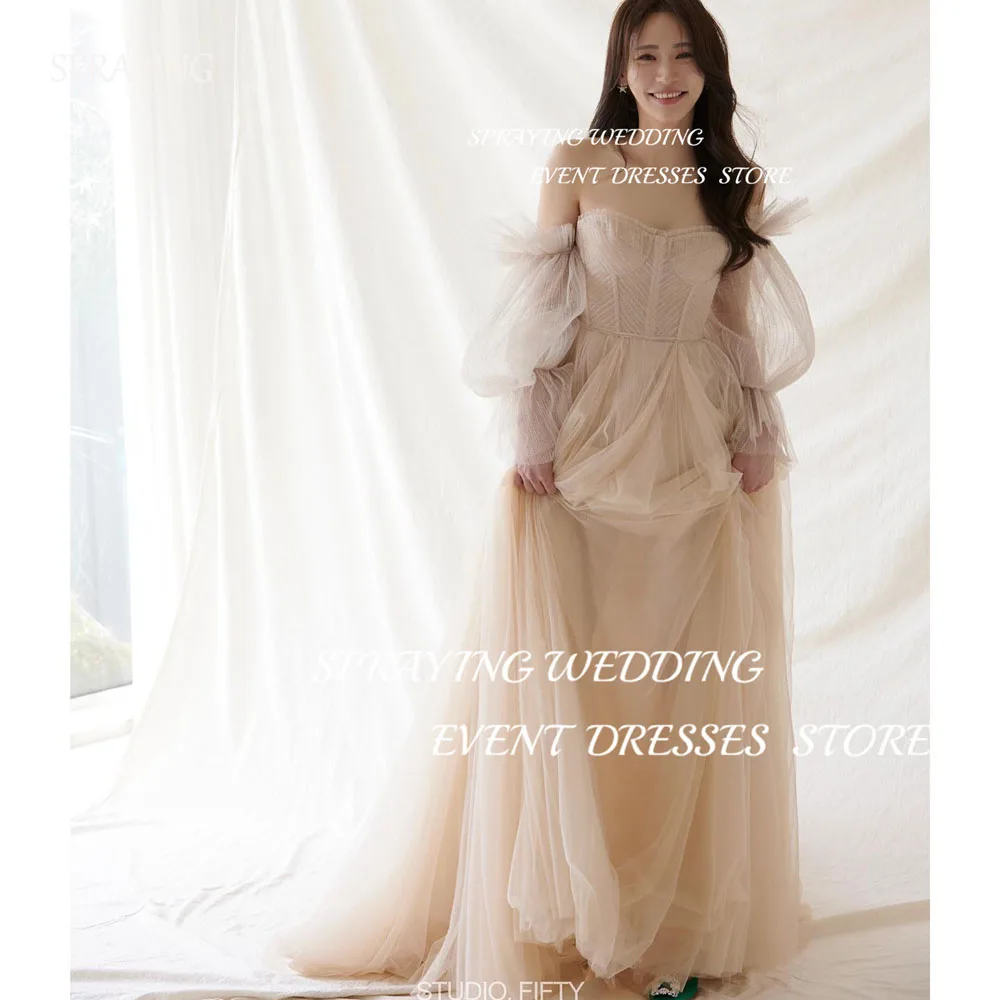 SPRAYING Fairy Tulle A Line Korea Wedding Dresses Sweetheart Puff Long Sleeves Bridal Gowns Floor Length Custom Robe de marriage