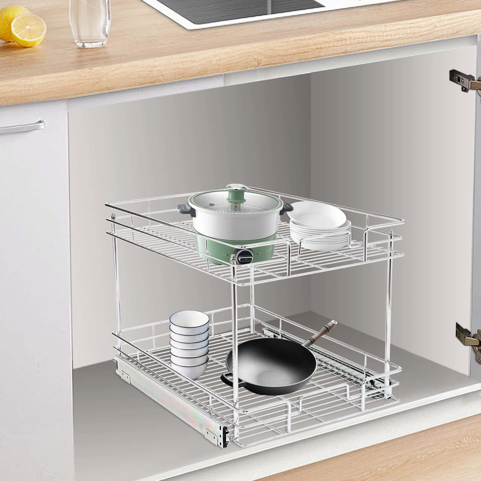 

16,5 "Ш*21,5" D Серебристый 2-слойный шкаф-корзина для хранения Выдвижная полка для хранения Органайзер большой емкости