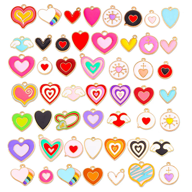 50Pcs Mixed Style Colorful Enamel Love Heart Charms for Jewelry Making Supplies Handmade Necklace Pendants Earrings Accessories