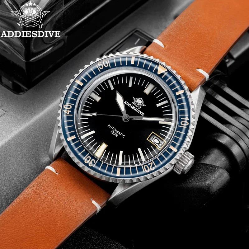 ADDIESDIVE Men’s Leather Diver Watch 40mm Bubble Mirror Glass Luminous Automatic Wristwatches NH35 Business Mechanical Watches