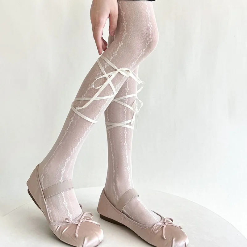 

Колготки JK Lolita, летние и осенние женские колготки с цветочным узором, колготки в балетном стиле для девочек, милые длинные чулки с бантом и перекрестной завязкой, женские