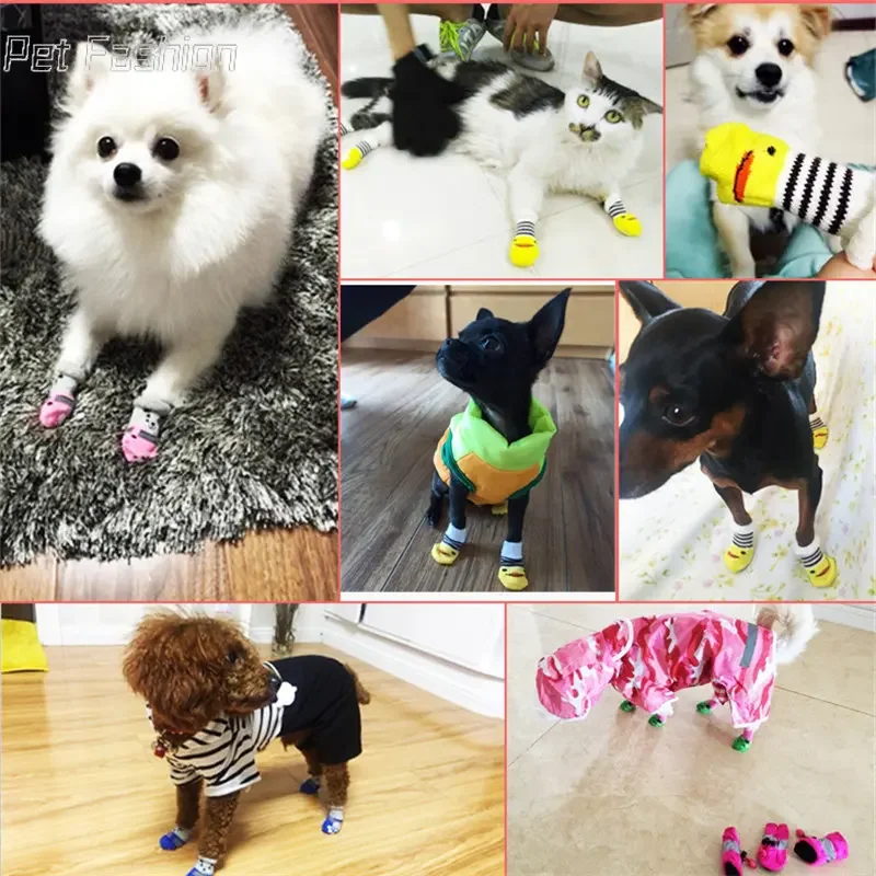 4Pcs Cute Pet Dog Socks with Print Anti-Slip Cats Puppy Shoes Paw Protector Products for Small Breeds Spitz York Dogs Chihuahua