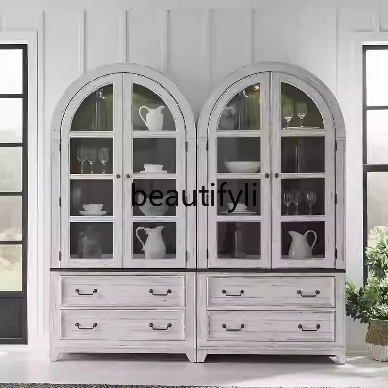 American Retro Vintage Solid Wood Arched Wine Cabinet Living Room Oak Double Door Glass Display Cabinet Bookshelf Storage view 2