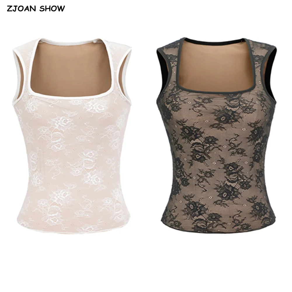 2025 Summer Sexy Square Collar White Black Lace Tank Top Sleeveless Base T-Shirts Sexy Girl Crop Top with Khaki Lining