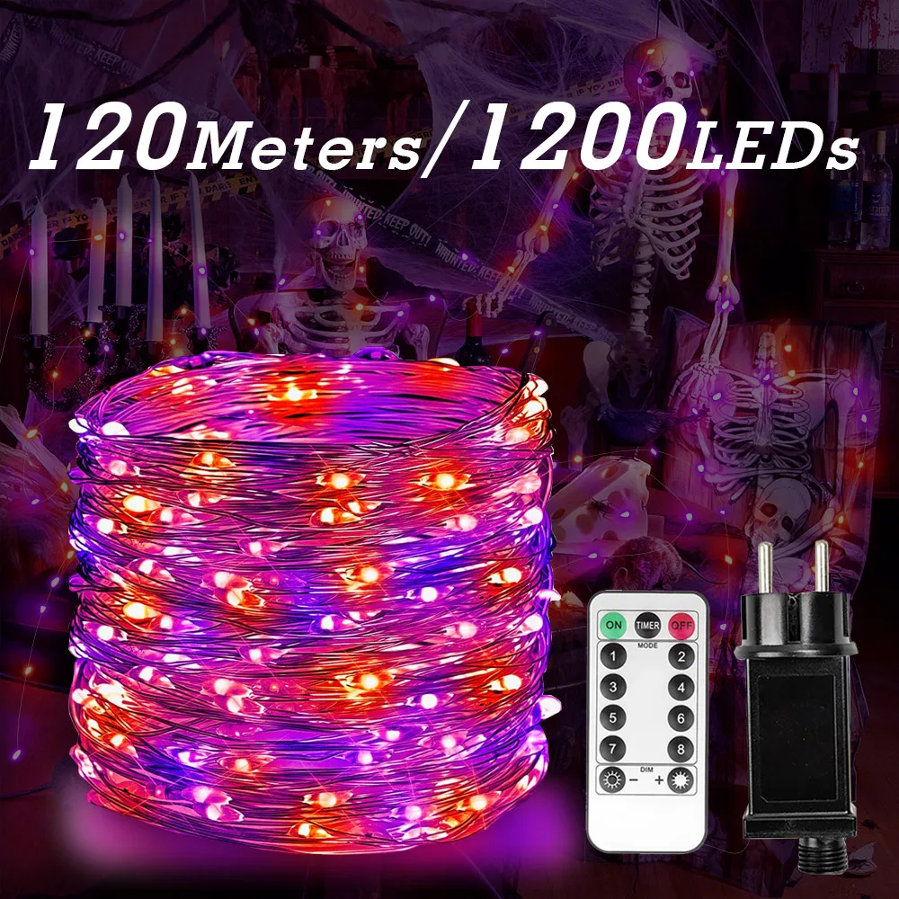 

Halloween Fairy Lights Plug in 1200 LED Auto Timer 8 Modes Waterproof for Outdoor Garden, Yard, Fence Decor (Purple & Orange)