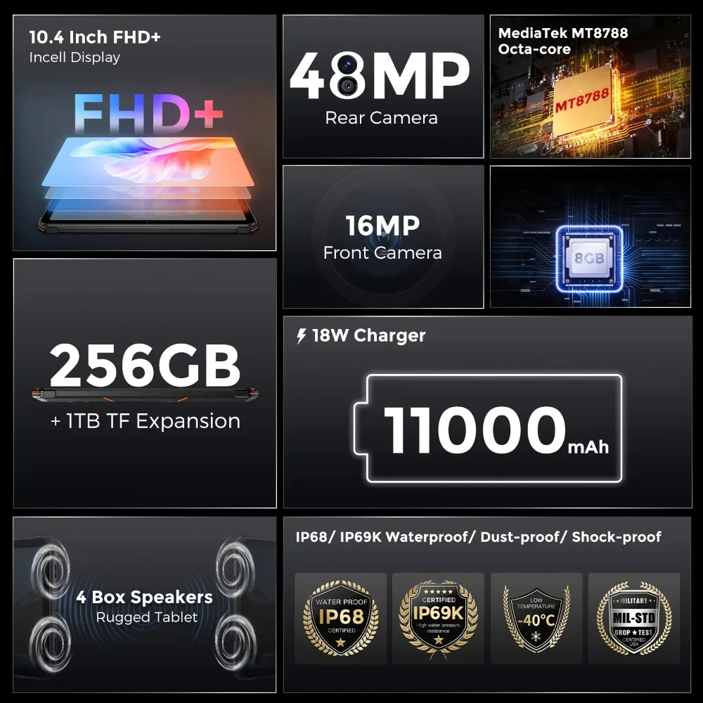 Imagem -02 - Fossibot-tablet Pad Robusto Versão Global Tablets pc Dt1 8gb 256gb 11000mah Andróide 13 10.4 Polegada 2k 4g 18w Carga Rápida