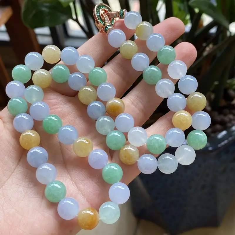 Natural Myanmar Jadeite Jade Ice-likeGlue Bottom Duobao High-End Multi-Circle Bead Necklace Bracelet 10mm