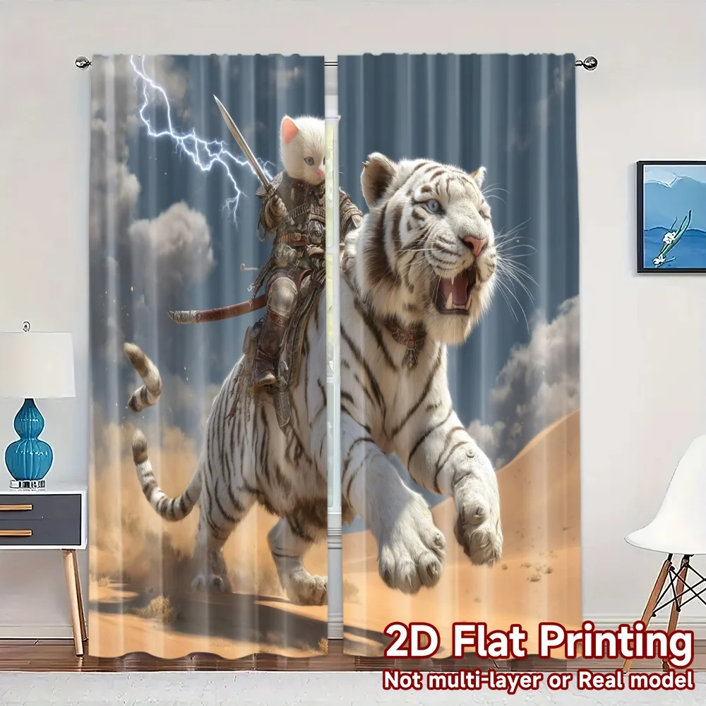 2pcs, 2D FLAT PRINTING Curtains (Without Rod) Tiger Rider Storm Print Popular Curtains Polyester Easy Install Curtains Holiday