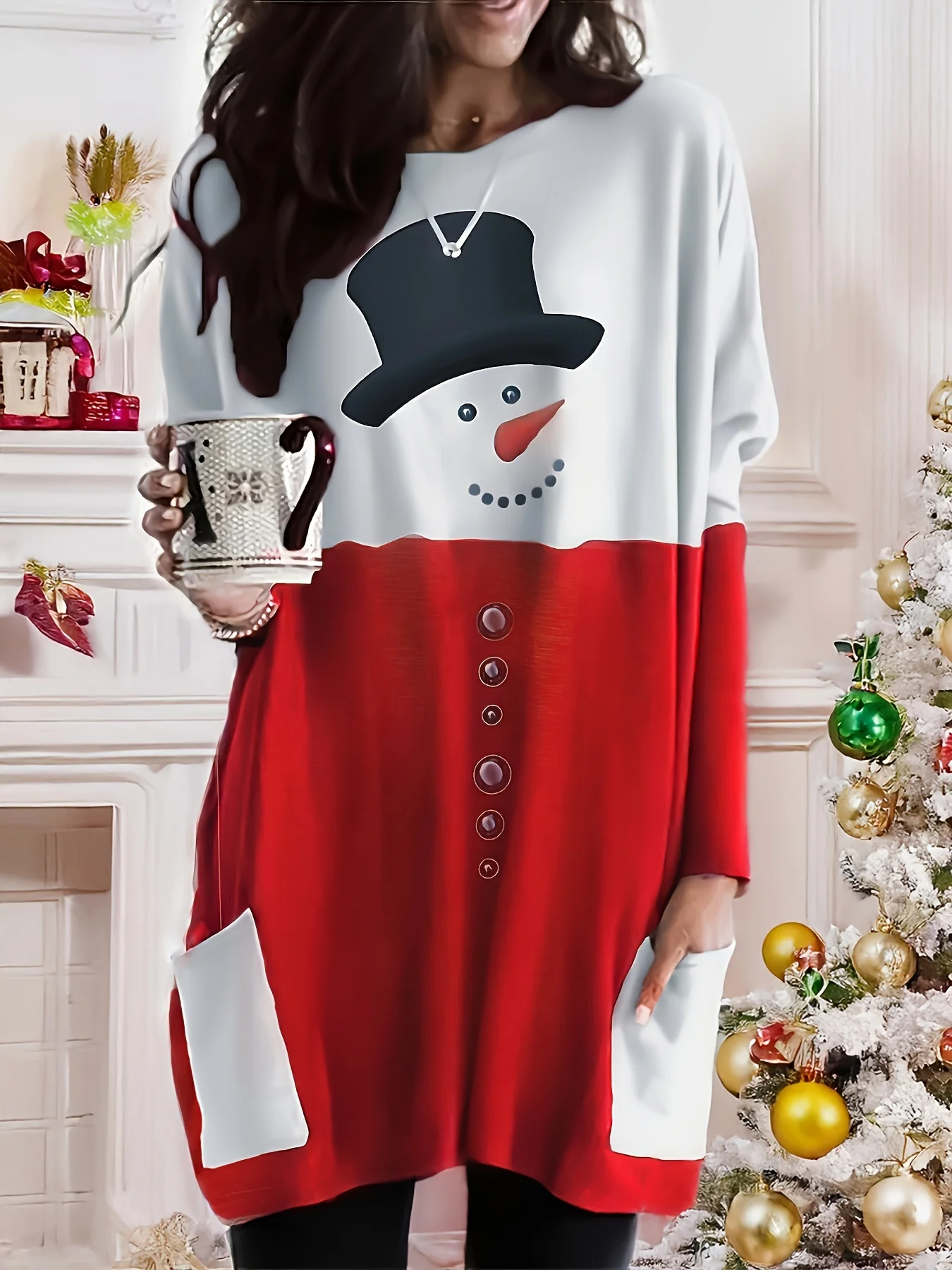 Dulce Xiaofu Otoño e Invierno Edición limitada Vestido casual de manga larga con estampado de muñeco de nieve navideño de talla grande, traje festivo para vacaciones