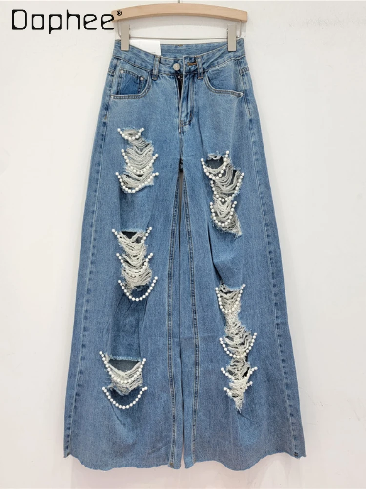 

Street Style Ripped Denim Trousers Female 2024 Spring Summer New Handmade Pearl Loose Baggy Jeans Boyfriend Jeans for Women