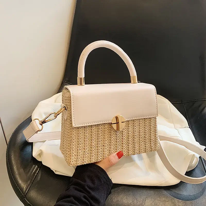 High end woven small square bag new women handbag fashion design splicing contrasting shoulder crossbody bag vacation beach bag