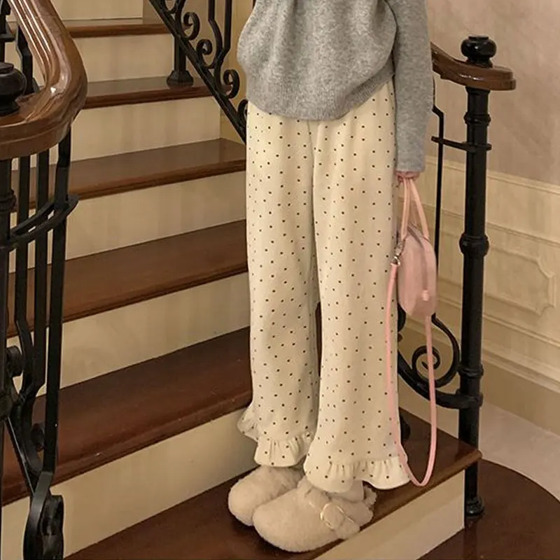 コーデュロイ ブロークン フラワー ワイドレッグ カジュアルパンツ 秋冬 スタイリッシュ フリル スプライス レディース服 ルーズ スイート ベーシック パンツ