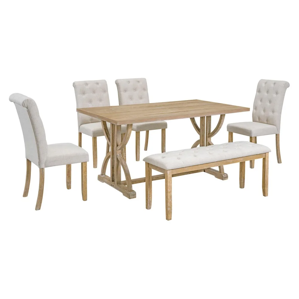 

6-Piece Retro Rectangular Dining Table Set Table with Unique Legs and 4 Upholstered Chairs & 1 Bench for Dining Room and Kitchen