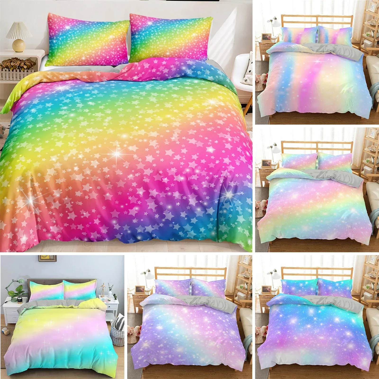 

Rainbow Duvet Cover Set for Girls Rainbow Star Bedding Set Girly Glitter Double Queen King Size Soft and Comfortable Quilt Cover