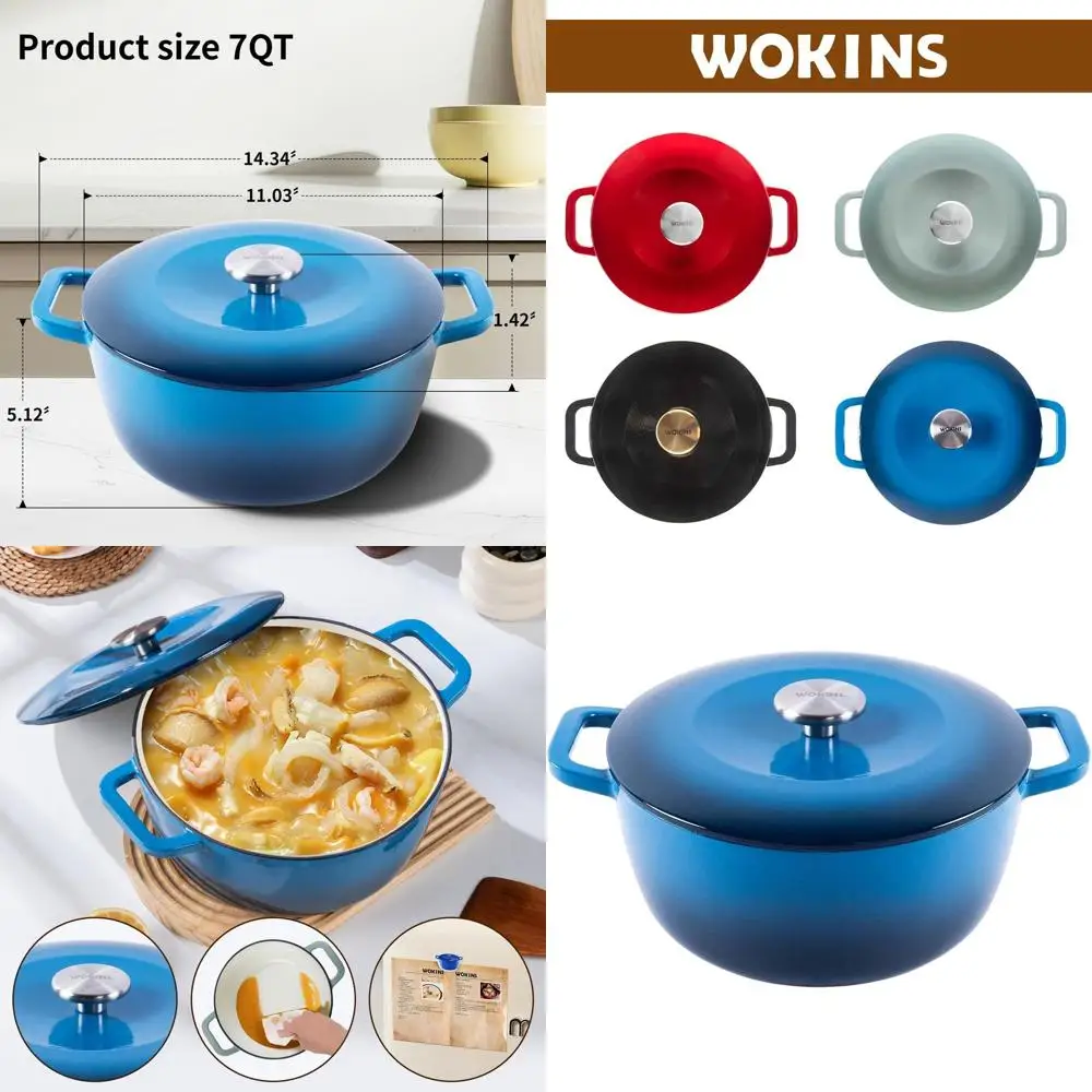 

Синяя эмалированная чугунная жаровня объемом 7 кварт с двумя ручками для тушения, приготовления рагу, запекания и использования в духовке до 260°C ° Ф