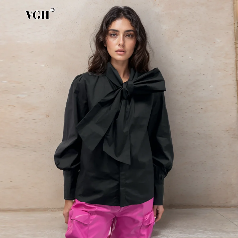 

VGH Solid Patchwork Lace Up Casual Blouses For Women Turtleneck Long Sleeve Spliced Single Breasted Minimalist Shirts Female New