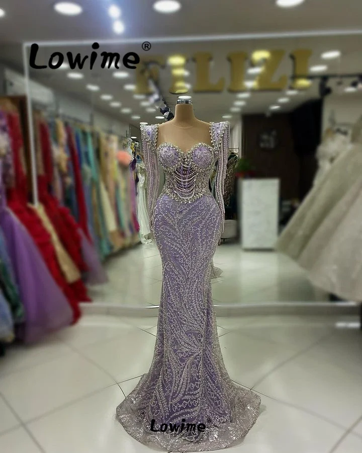  Luxury Purple Evening Dress Abendkleider 2024 Couture Beading Tassels Mermaid Wedding Party Dress Aso Ebi Crystals Prom Gowns