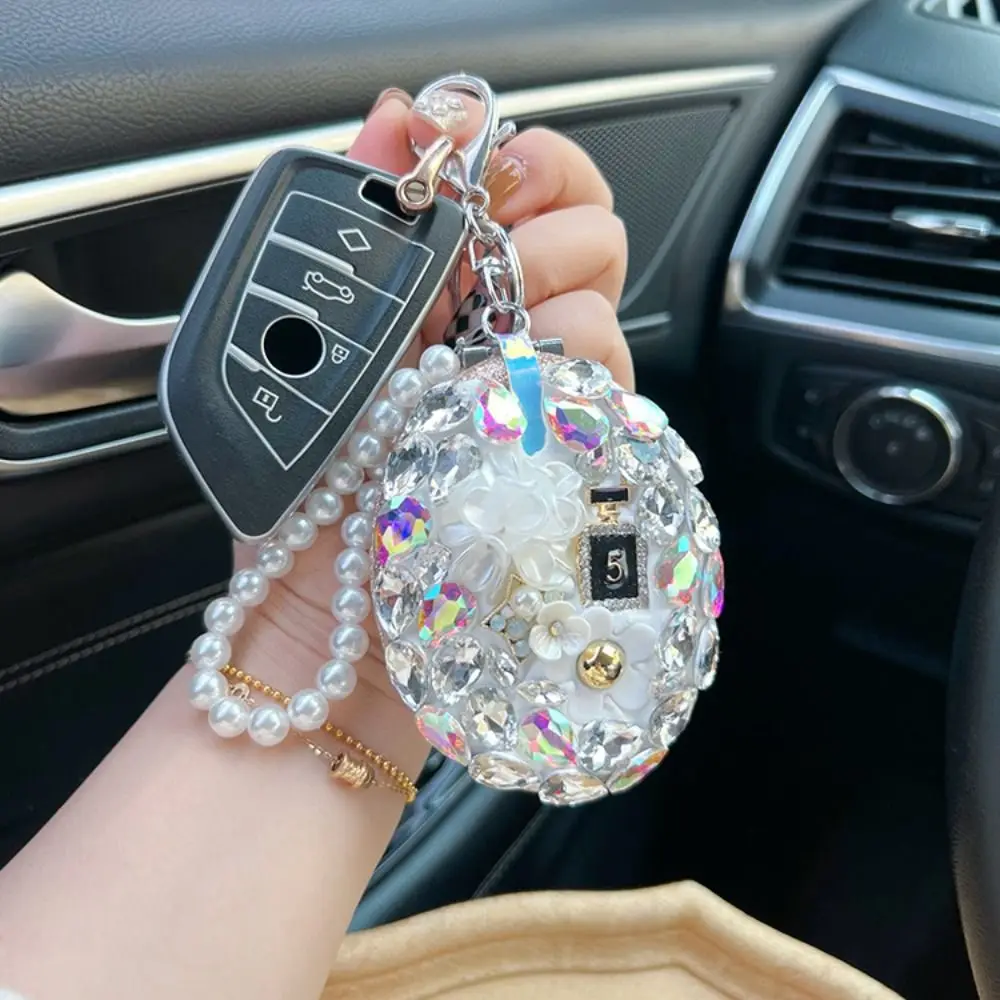 Full Rhinestone Camellia Makeup Mirror Creative Oval Elegant Car Keychain Folding Sparkling Bag Pendant Travel