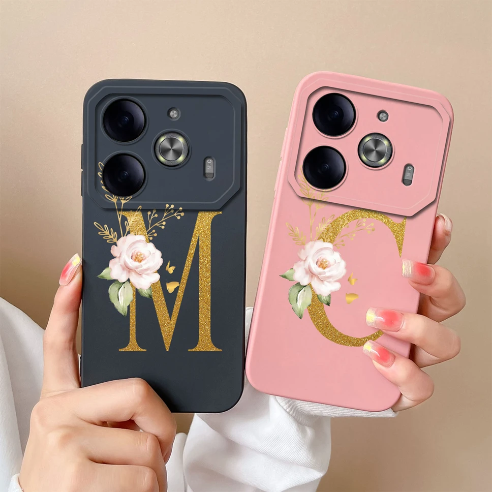 For Tecno Pova 6 Pro 5G Case Fashion Pretty Flower Letters Smooth Liquid Silicone Phone Cover For TecnoPova6Pro 6 5G Funda Coque