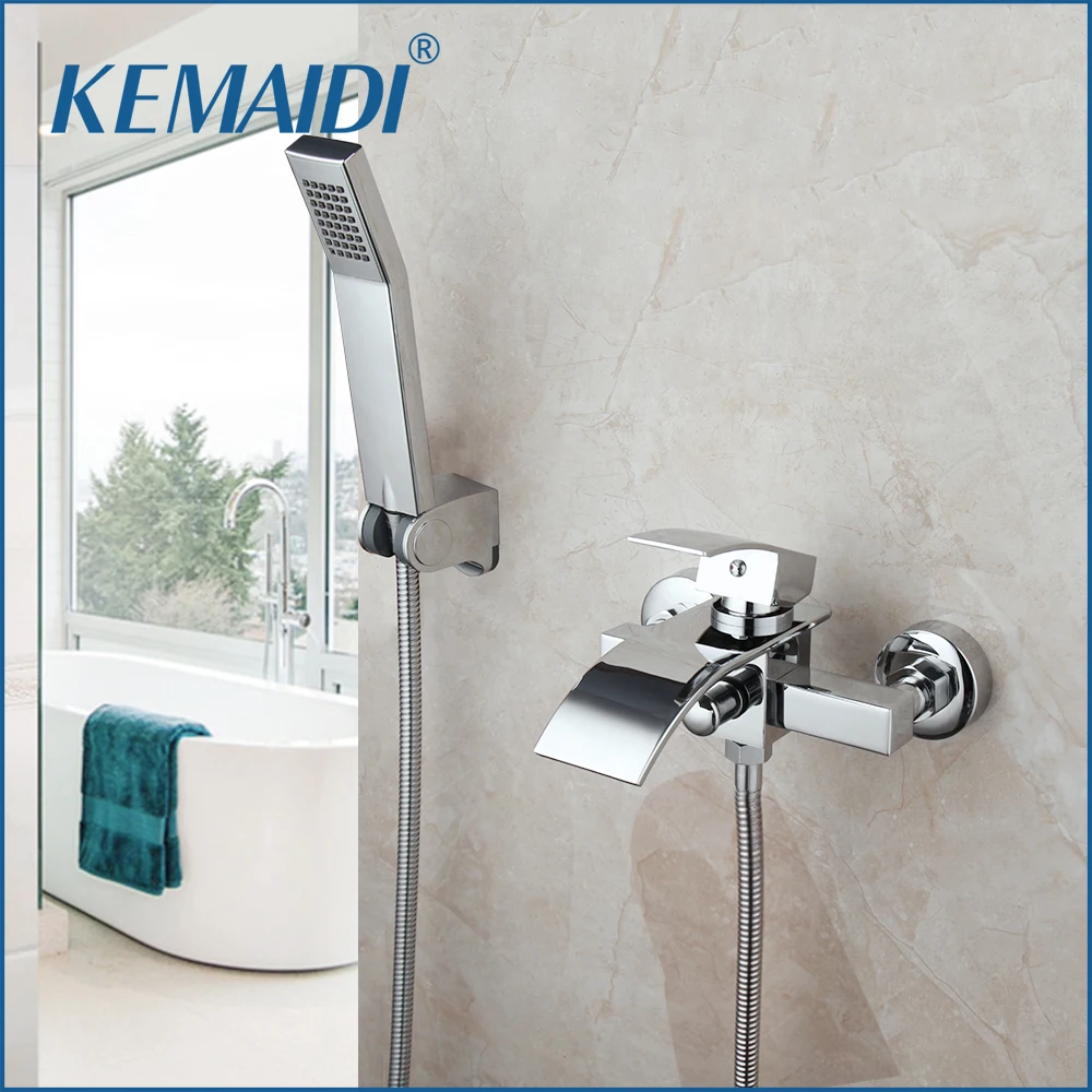 

KEMAIDI Wall Mounted Chrome Bathroom Bath Tap Mixer Bathtub Faucet Bathroom Waterfall Spout With Handle Shower Head