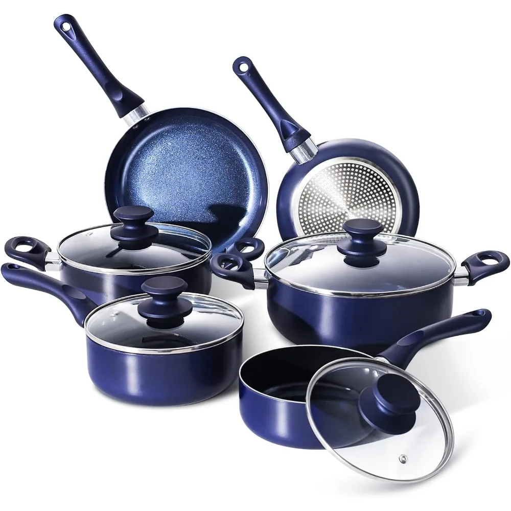 

Pots and Pans Set,Aluminum Cookware Set, Nonstick Ceramic Coating, Fry Pan, Stockpot with Lid, Blue,10 Pieces