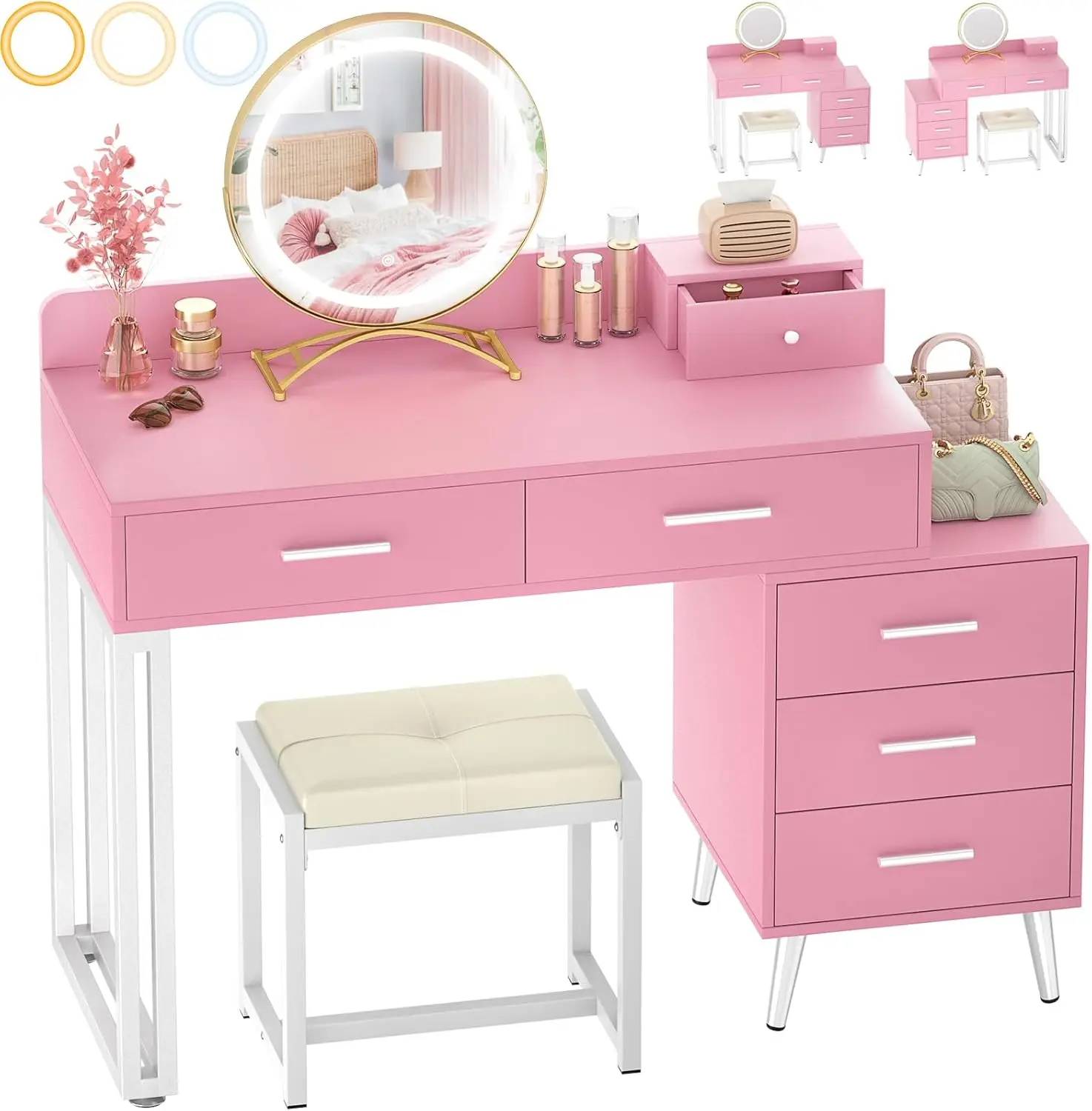 Pink Vanity Desk with Mirror and Lights, Modern Makeup Vanity Table Set with 6 Storage Drawers and Cushioned Stool for Bedroom