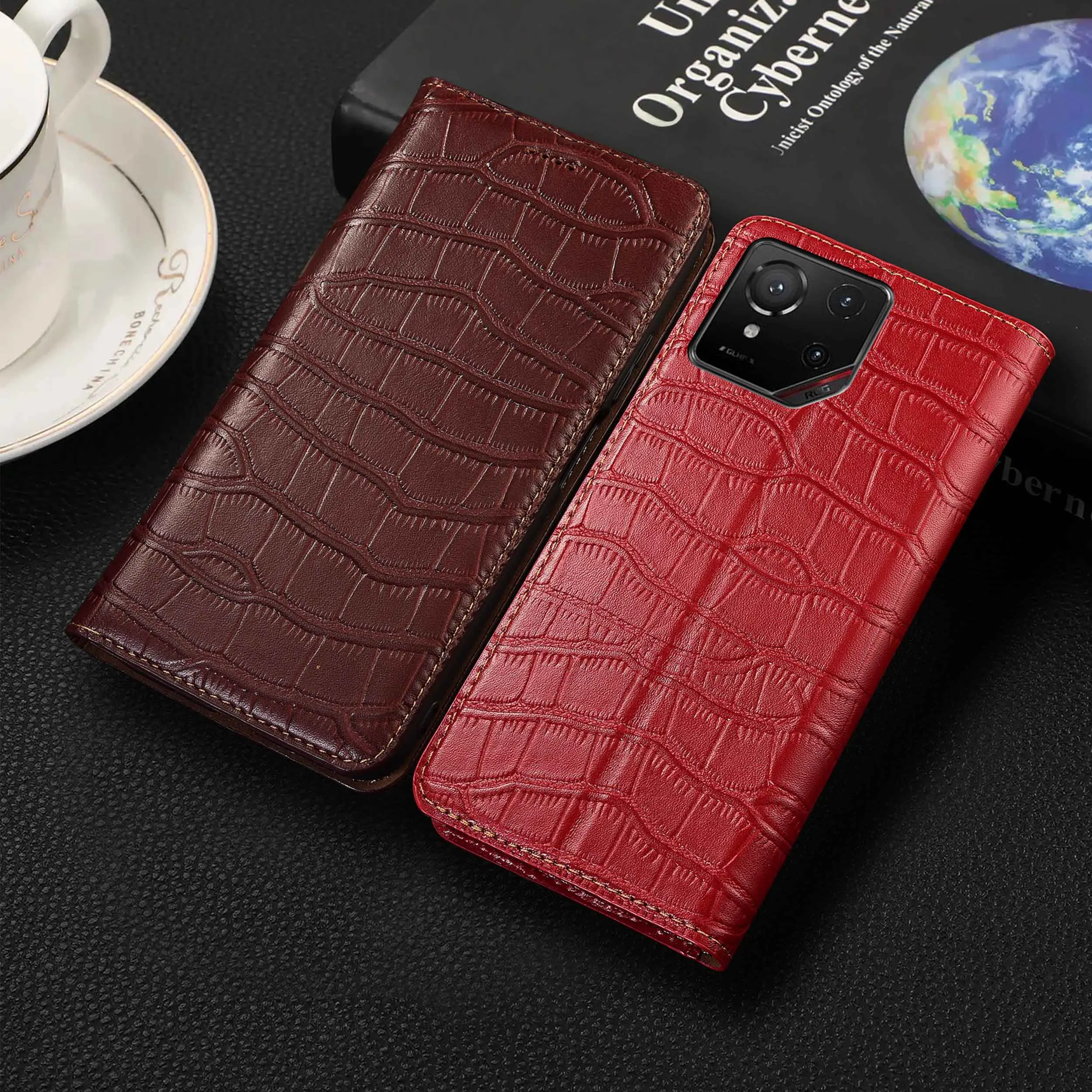 

For Asus Rog Phone 3 5 5S 6 6D 7 8 9 Pro Ultimate FE Crocodile Belly Pattern Of Genuine Leather Flip Phone Cover Case Cowhide