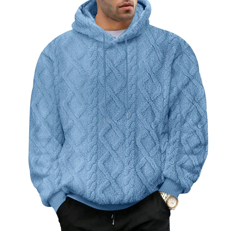 American Autumn Winter Sweater Men's Casual High Street Jacquard Rhombus Double-sided Velvet Loose Pullover Hooded Sweater Men