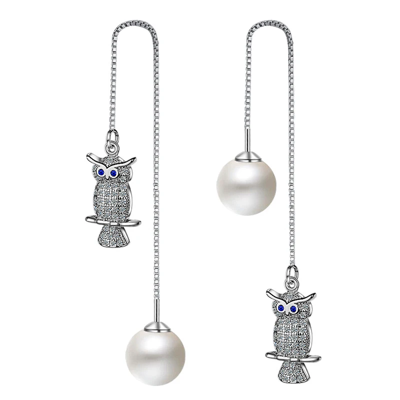 Solid 925 Sterling Silver Jewelry Cute Owl Elegant Zircon Pearl Drop Earrings For Woman Trendy New FQL20061