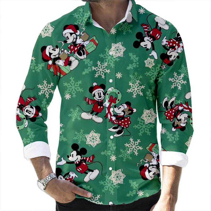 New Christmas Fall Popular Disney Brand Stitch and Mickey Anime 3D Printed Long Sleeve Lapel Shirt Slim Fit Men\'s Top y2k