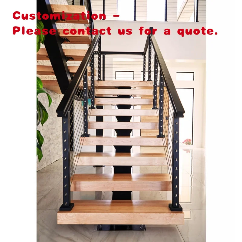 custom.Best Selling Mono Stringer Staircase Design Steel Anti Slip Stair Tread Indoor Stairs Solid Wood Straight