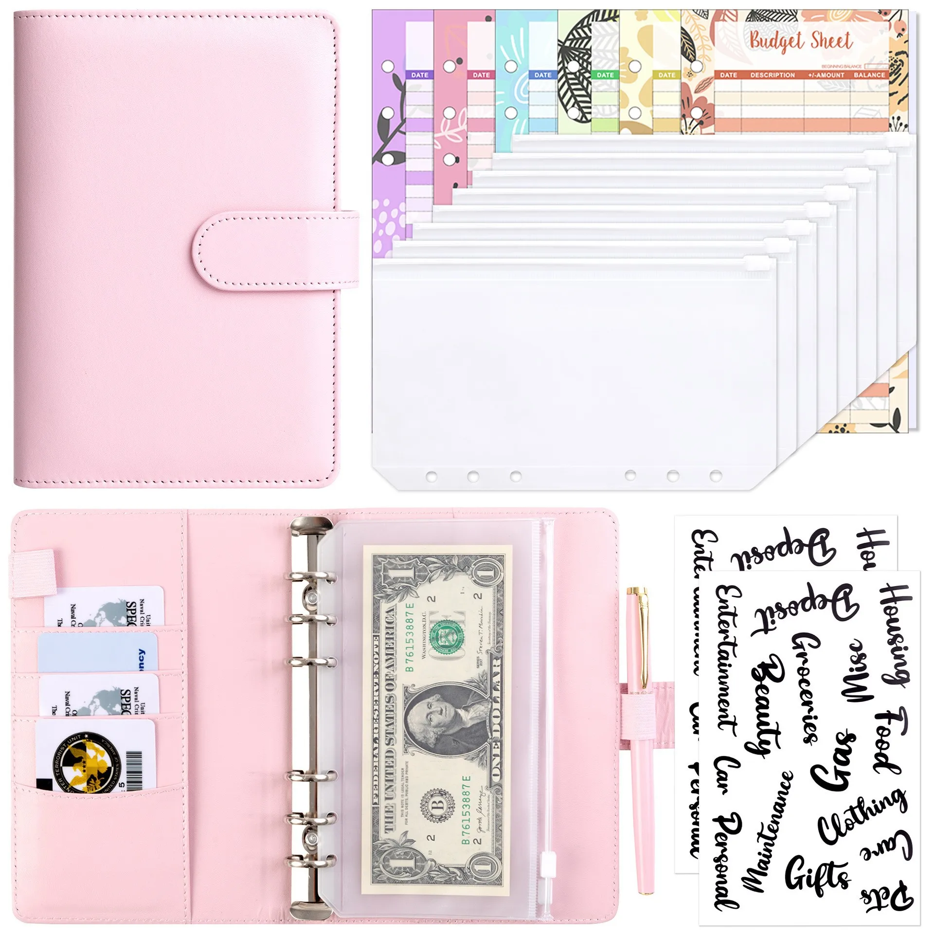 One Faux Leather A6 Budget Loose-Leaf Binder With Zipper Envelopes - Cash Budgeting & Financial Storage Notebook view 6
